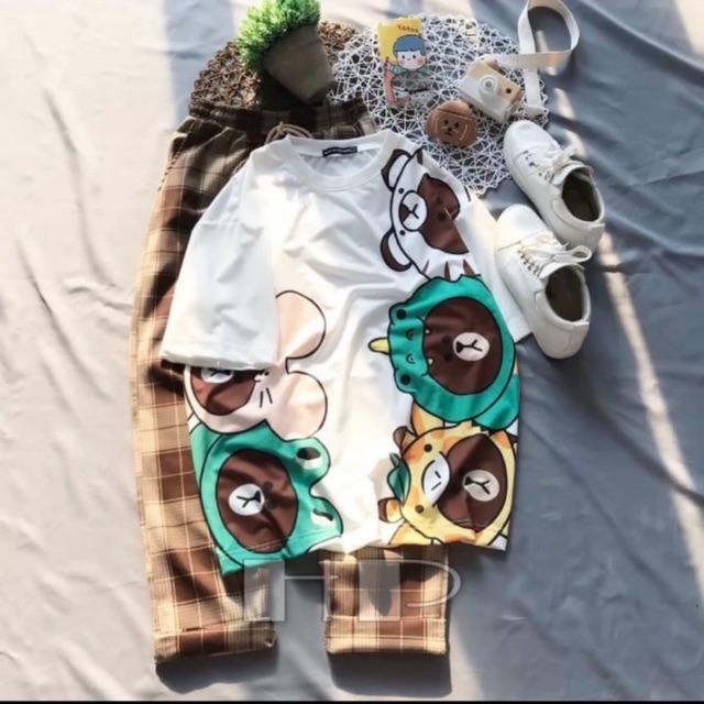 Sét áo 5 hình mặt gấu+ quần kẻ be THB866