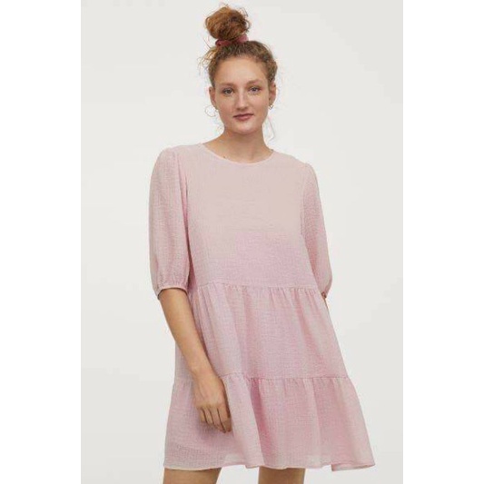(H&M Auth) JP140- Váy Đầm Công Sở Dạo Phố Nữ Kiểu Dáng Babydoll Tay Lửng Phồng Cổ Tròn Đẹp Xinh Xắn 2 Lớp Vải Trangnauth