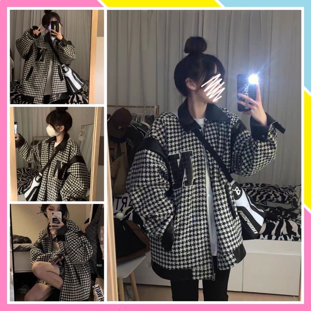 Áo khoác dạ tweed bomber 3D chữ N kẻ caro from rộng dài tay cổ bẻ phối da Ulzzang Unisex nam n | BigBuy360 - bigbuy360.vn