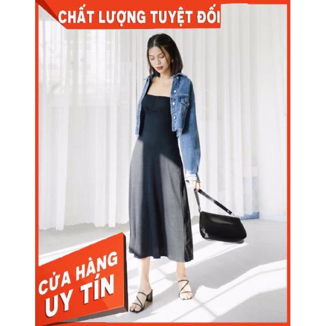 VÁY THUN DÂY XOÈ ĐEN DÁNG DÀI ĐẸP XUẤT SẮC