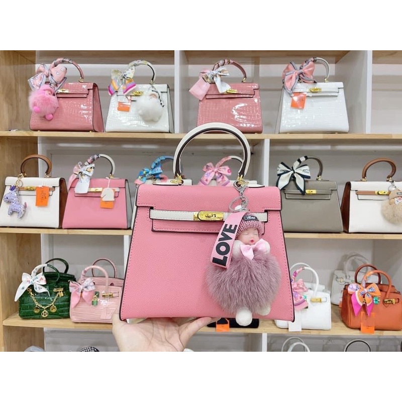 M315 Túi Hm kelly size 25 hồng phối trắng Siêu SANG TẶNG KÈM KHĂN