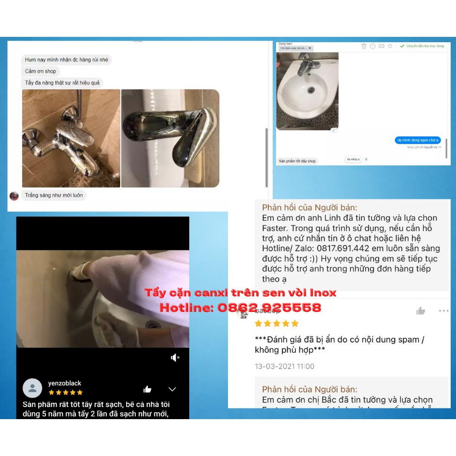 (RẺ HƠN 20K) Combo Nước Tẩy vòi sen nhà tắm, Tẩy Cặn Canxi Inox &amp; Tẩy Trắng Sứ, toilet,Tẩy Trắng Gạch Faster 500ml