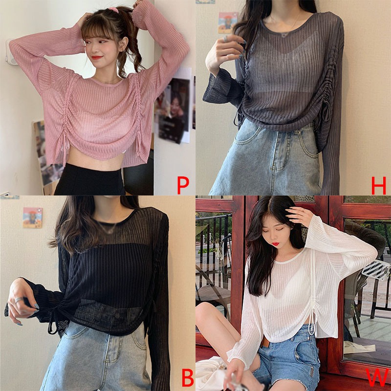 Áo Nữ Tay Dài Có Dây Rút Phong Cách Hàn Quốc