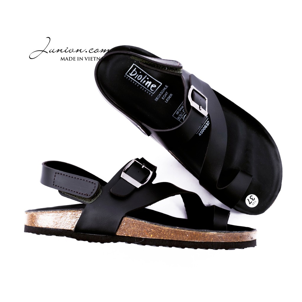 [DA PU/CHỐNG NƯỚC] PU20-Dép da sandal xỏ ngón Unisex, Màu đen, đế trấu Bioline Birken - Xuất khẩu châu Âu - Juni Store