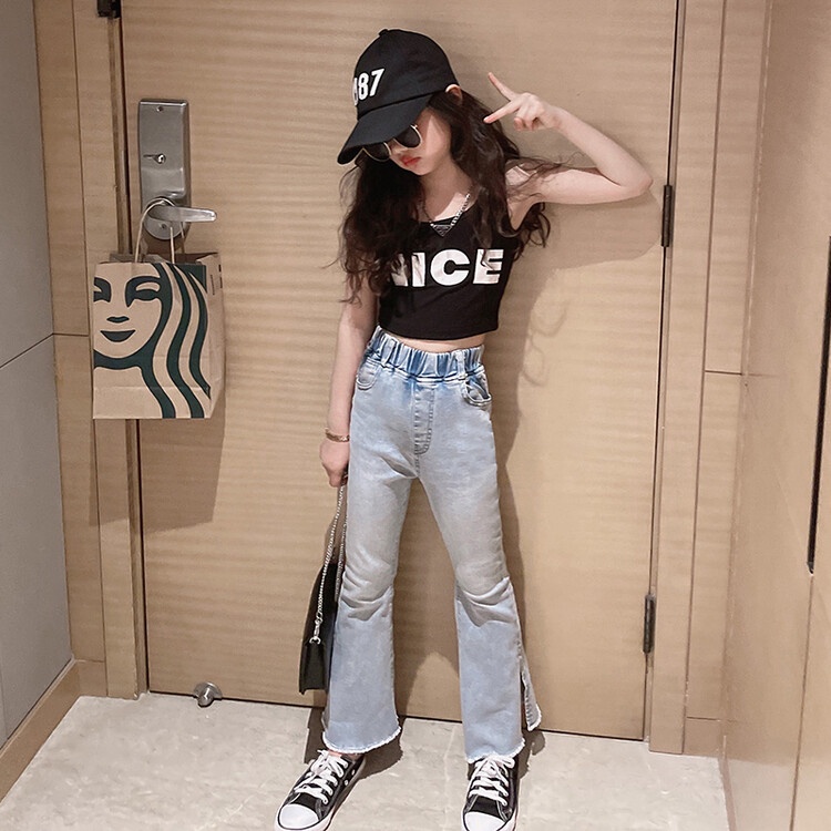 Set Áo Thun Sát Nách In Chữ + Quần Dài Ống Loe Thời Trang Cho Bé Gái