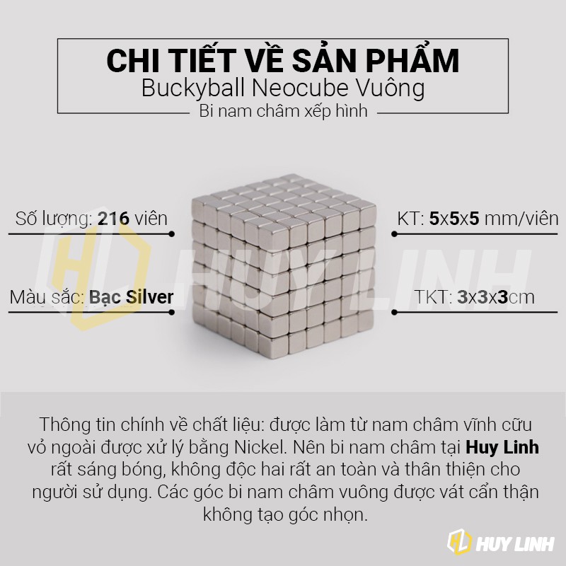 Nam châm xếp hình thông minh Buckyneo Neocube 5mm 216 viên vuông màu bạc