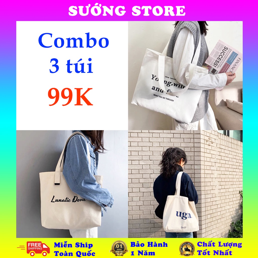 Túi tote đi học vải canvas phong cách Hàn quốc có khóa miệng ngăn phụ bên trong thời trang ulzzang giá rẻ