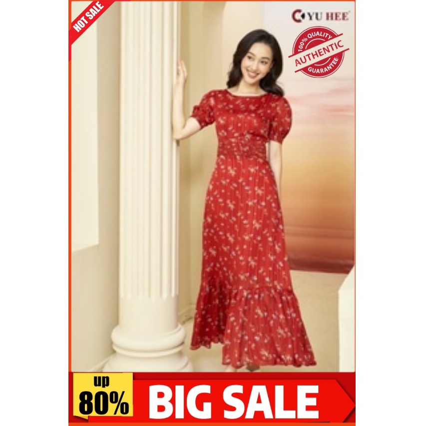Đầm thiết kế chính hãng màu đỏ hoa nhỉ cổ tròn tay lỡ; váy thời trang cao cấp 2 lớp YuHee