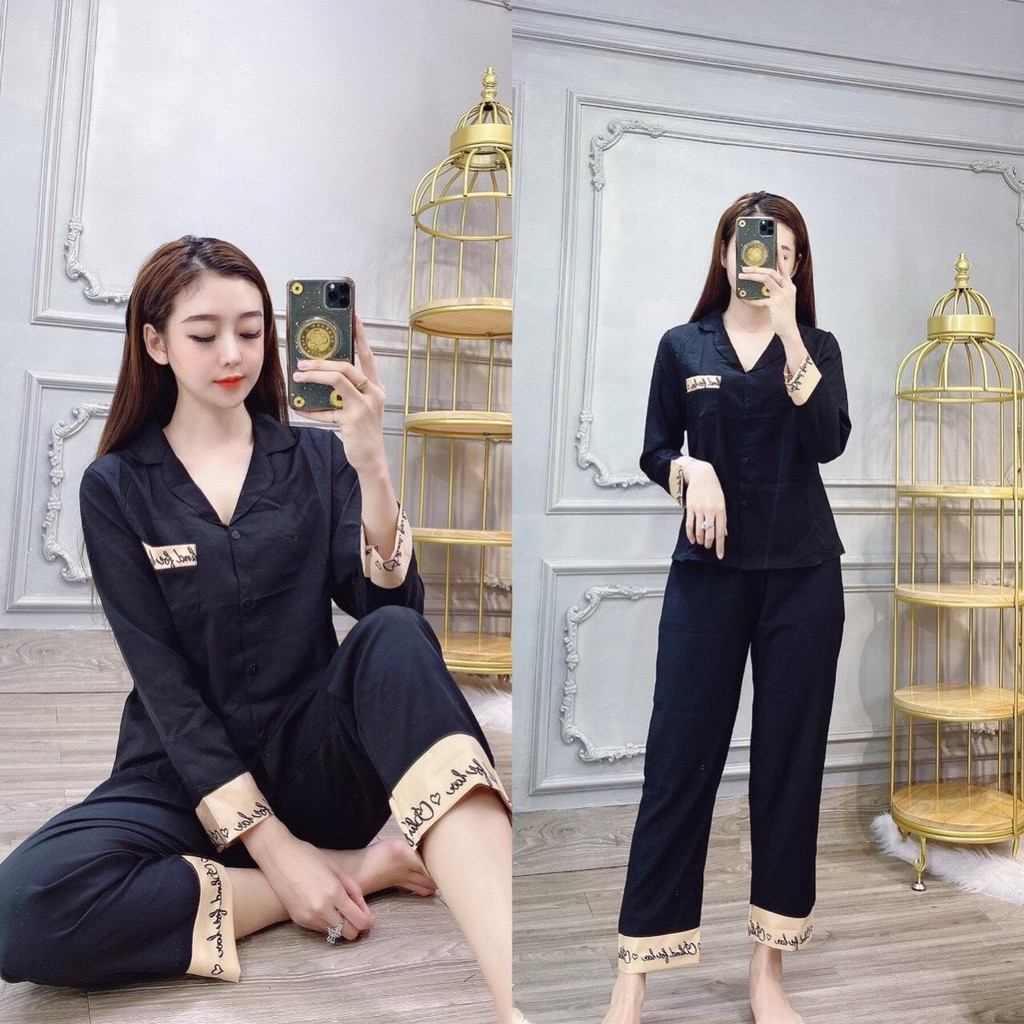 (Hàng có size) Set bộ đồ mặc nhà dài tay đáp chữ ký vải lụa mềm mịn-LP1