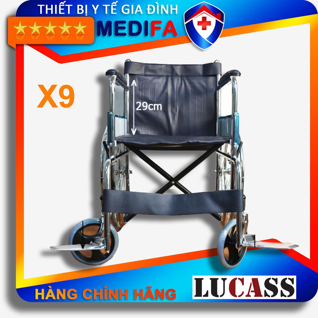 (có sẵn) Xe lăn tay Lucass X9,  mã xe lăn phổ biến được dùng nhiều nhất, chứng chỉ: FDA của Mỹ, TUV, ISO 9001