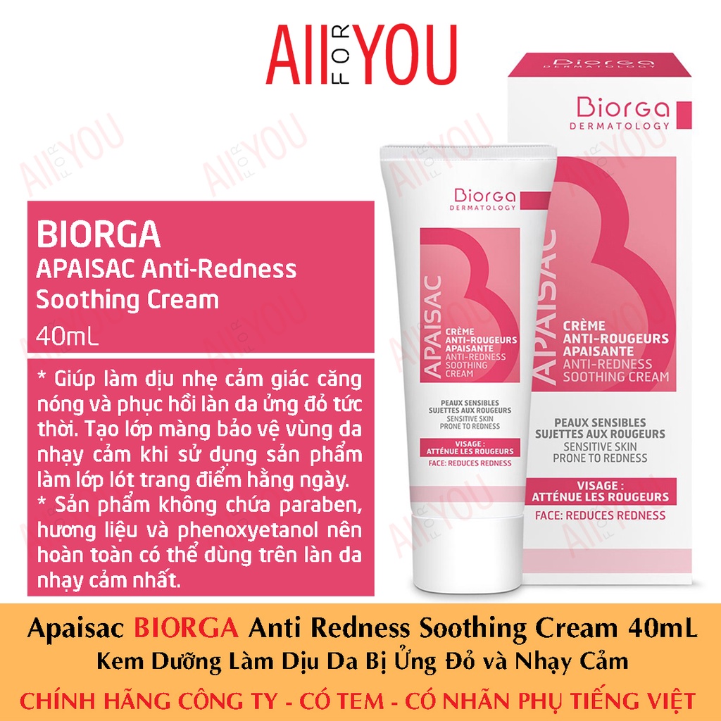 Apaisac BIORGA Anti Redness Soothing Cream 40mL - Kem Dưỡng Làm Dịu Da Bị Ửng Đỏ và Nhạy Cảm.
