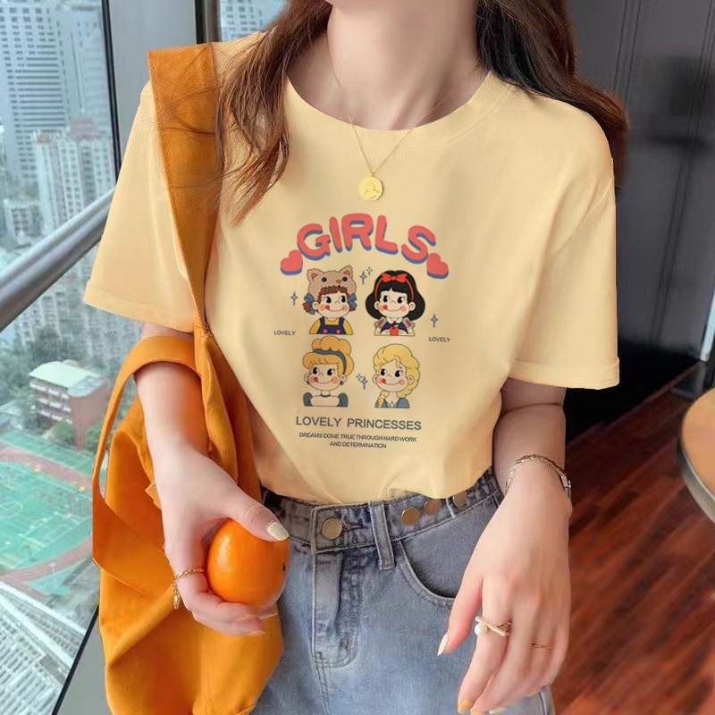 NRVP Áo thun 100% cotton tay ngắn cổ tròn dáng rộng in hình hoạt hình phong cách Hàn Quốc cho nữ