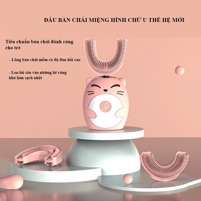 [Sale Sốc] Bàn Chải Đánh Răng Điện Cho Bé có đế và cốc, Bàn Chải Điện Chữ U Silicon Mềm Mại Cao Cấp Cho Bé Từ 2-15 Tuổi