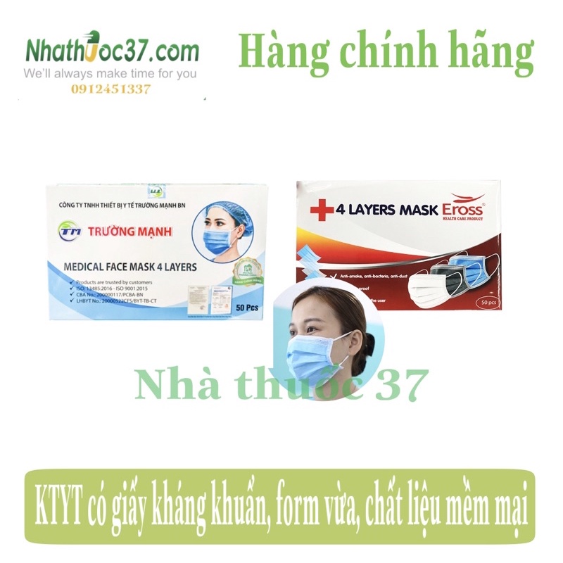 Khẩu trang y tế 4 lớp có giấy kháng khuẩn hộp 50C. Chống nước, chống giọt bắn, đeo ôm mặt, mềm mại