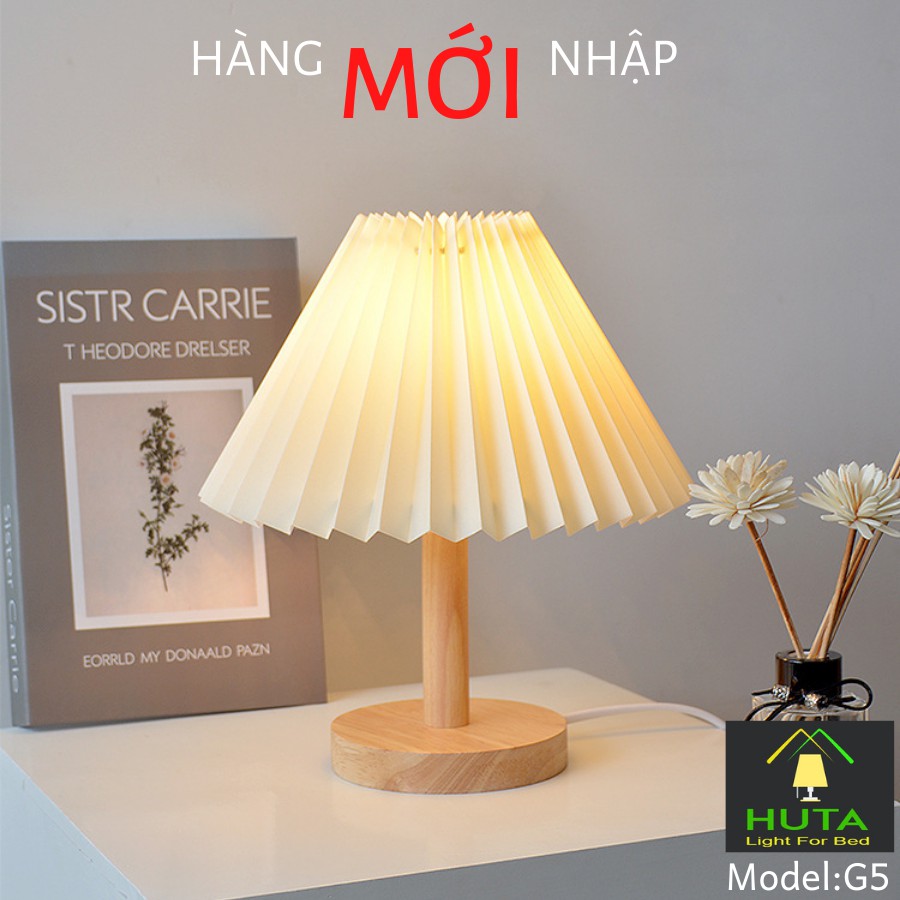 Đèn Ngủ Gỗ Vintage Điều Chỉnh Độ Sáng, Led Ánh Sáng Vàng, Chao Xếp Ly, Dùng Để Bàn Làm Việc, Phòng Ngủ, Decor - HUTA G5