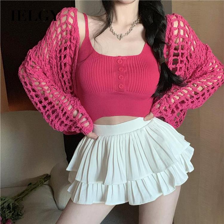 IELGY    Bộ Áo Khoác cardigan Dáng Rộng + Áo Sát Nách Xinh Xắn Cho Nữ