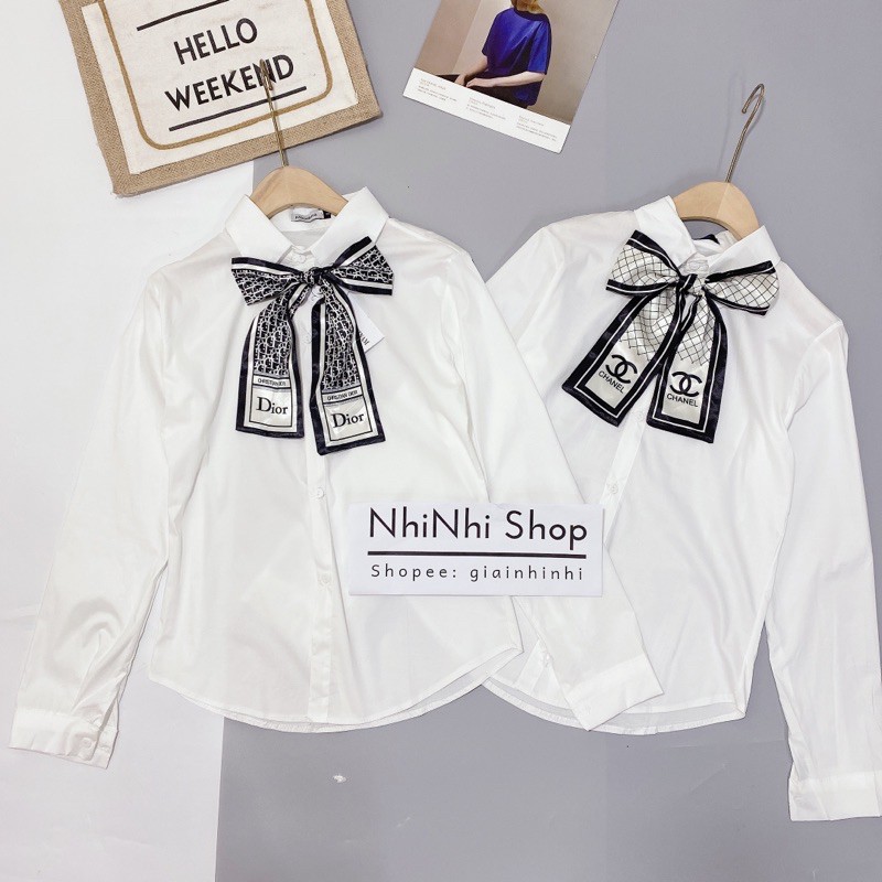 Áo sơ mi trắng thô kèm nơ cài chất siêu đẹp, Áo sơ mi dài tay SM1419 - NhiNhi Shop