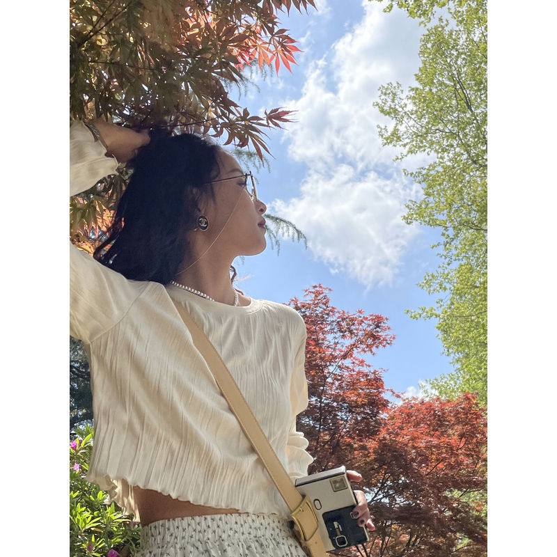 Áo thun tay dài cổ tròn màu sắc đơn giản phong cách retro