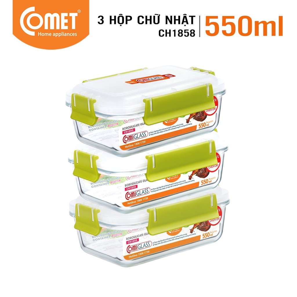 Combo 3 hộp thực phẩm thuỷ tinh Comet CH18-58 - 550ml