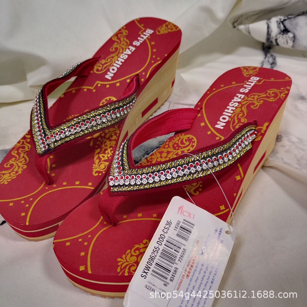Genuine Vietnam Pingxian bitis women's flip-flops high heel rhinestone slip slippers 96255