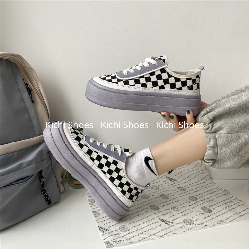 Giày nữ độn đế tăng chiều cao caro Full Box siêu êm chân Giày thể thao đế bằng bánh mì mã 7806 - Kichi Shoes | BigBuy360 - bigbuy360.vn