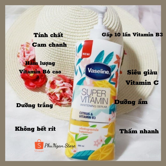[Hàng siêu thị Thái]Sữa Dưỡng Thể Vaseline Super Vitamin Whitening Serum Thái Lan 380ml dưỡng trắng da 10x Vitamin B3