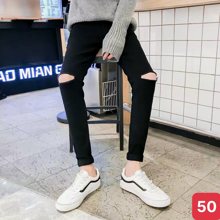 Quần bò nam màu đen trơn rách gối chất jen cao cấp co dãn 4 chiều đẹp from dáng rin skinny ADO Q111