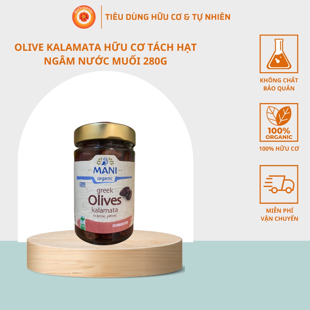 Quả Olive Kalamata đã tách hạt hữu cơ Mani ngâm nước muối, dầu ô liu 280g dùng trộn salad Biorganic