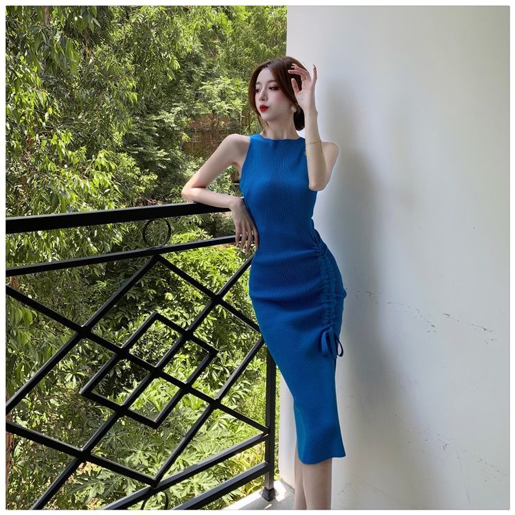 Royal sister wind high sense sleeveless vest long dress minority design forked body to show thin hip knitted dress summer