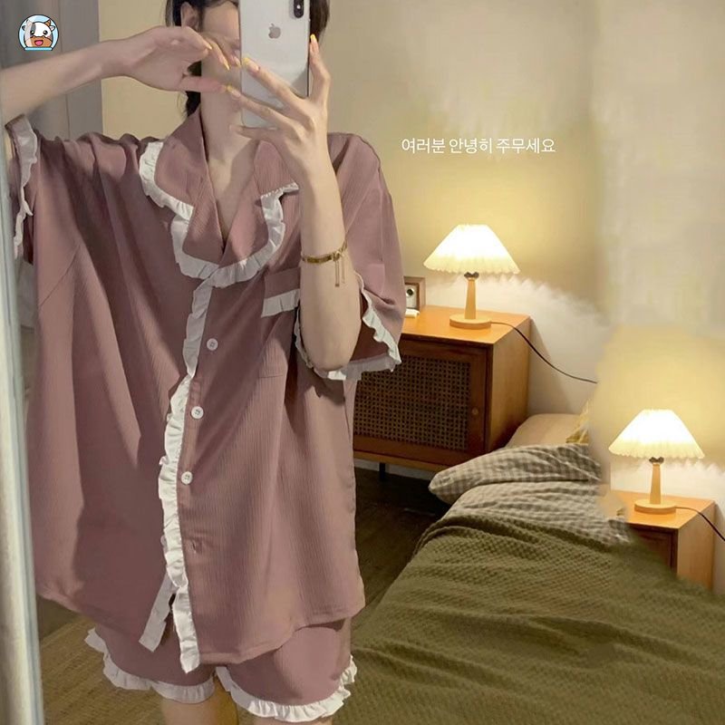 Bộ Đồ Ngủ Tay Ngắn Phối Ren Màu Hồng Phong Cách Nhật Bản Thời Trang Mùa Hè Mới Cho Nữ