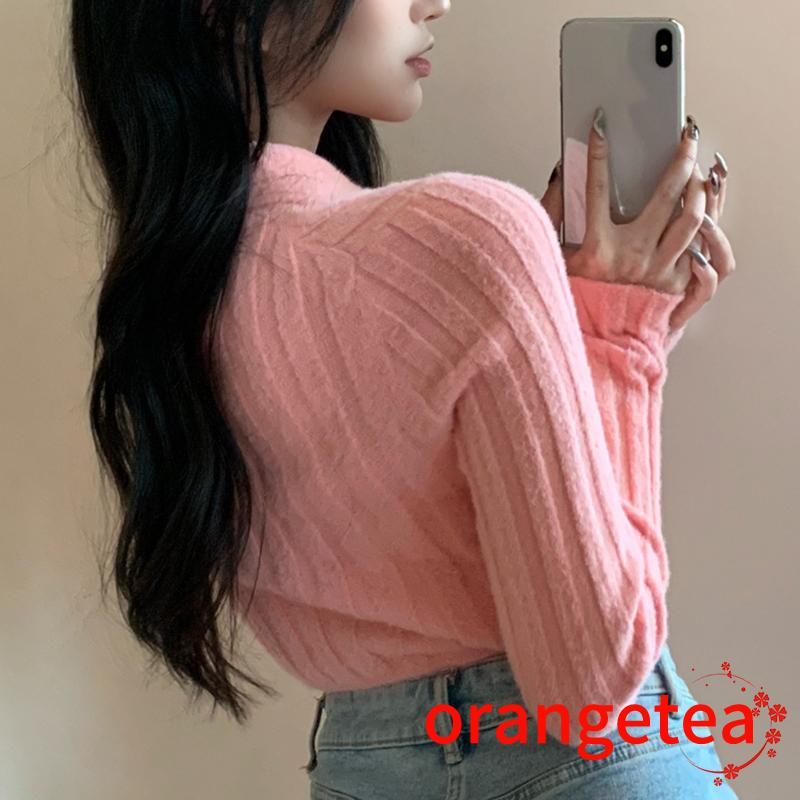 Áo Croptop Dệt Kim Tay Dài Cổ Chữ V Màu Sắc Quyến Rũ Cho Nữ