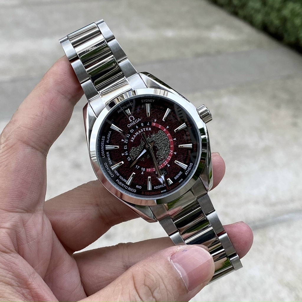 Đồng hồ nam Omega Seamaster World 42mm máy cơ Nhật cao cấp, khung thép 316l, mặt họa tiết trái đất