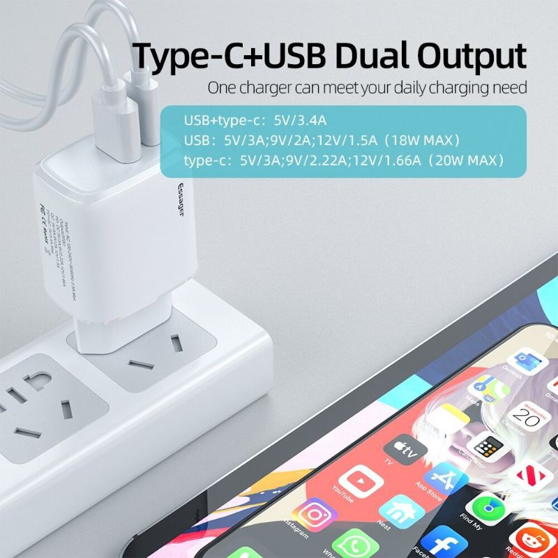 [Mã 2404EL10K giảm 10K đơn 20K] Củ sạc nhanh Essager cổng USB 20W PD3.0 QC3.0 Cho iPhone 12 Pro Mã