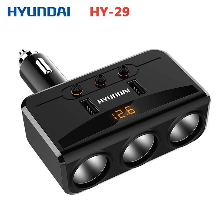 Bộ chia tẩu sạc ô tô 3 cổng đa năng Hyundai HY-29 kèm 2 cổng USB HY29