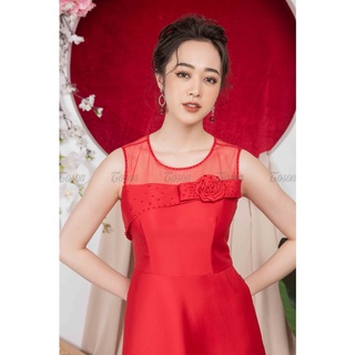 Đầm tafta đỏ xòe, phối lưới - TOSON - 49385D540