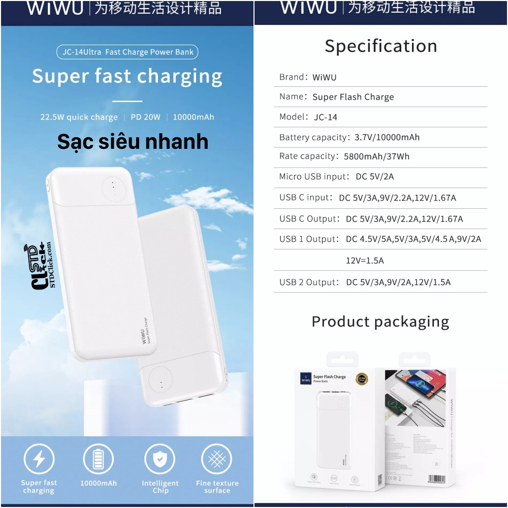 PIN SẠC DỰ PHÒNG WIWU JC-14 CHÍNH HÃNG 10.000 mAh SẠC NHANH PD - Q.C 22.5W