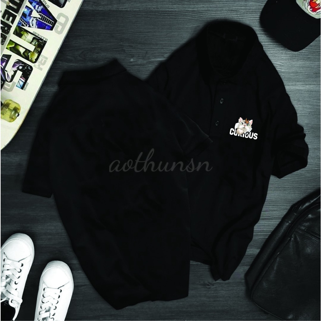 (aothunsn) Áo thun cổ trụ cổ bâu polo MÈO CORIOUS (VẢI DA CÁ)
