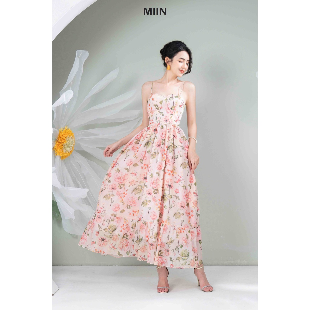 Đầm voan tơ hoa hai dây cúp ngực dáng maxi tiểu thư D00401
