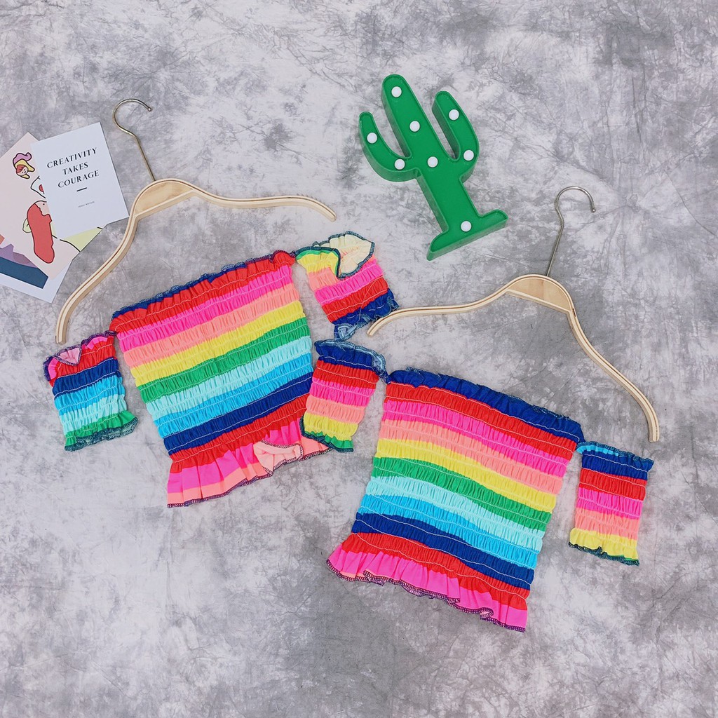 Áo croptop nhún trễ vai sọc màu cầu vòng màu hồng cực xinh