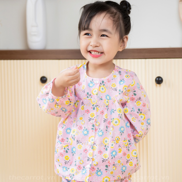 Bộ Dài Tay Cho Bé Gái Carrot, Họa Tiết Hoa Sắc Màu, Chất Thô Cotton Thoáng Mát Thấm Hút Mồ Hôi