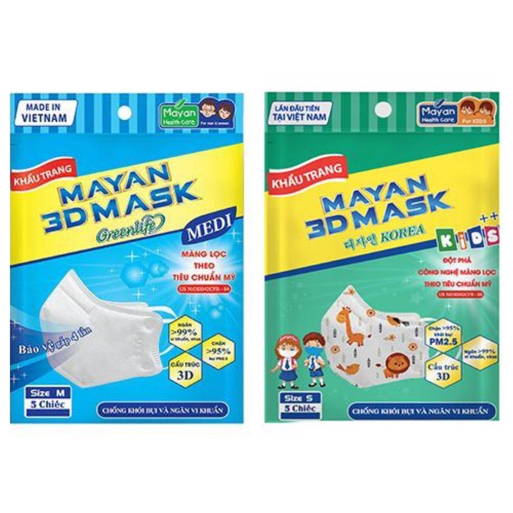 Khẩu trang người lớn cao cấp MAYAN PM2.5 3D MASK, gói 5 chiếc
