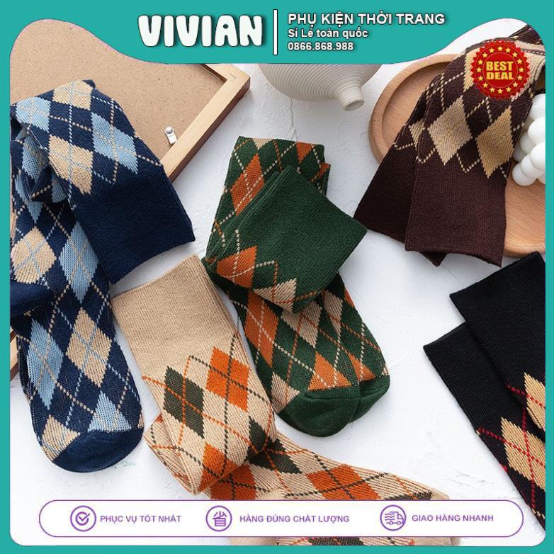 Vớ đùi nữ Vintage Cao cấp dài đêm gối Họa tiết quả trám với sợi Cotton cao cấp mềm và dày dặn