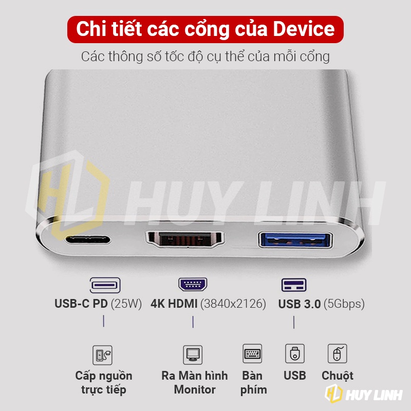 Hub chuyển đổi USB Type C 3 IN 1 ra HDMI, USB 3.0, Type C