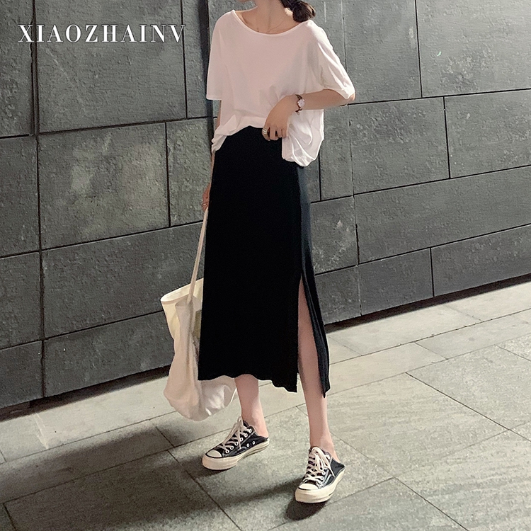 Bộ Áo Thun Ngắn Tay + Chân Váy Midi Lưng Cao Xẻ Tà Xinh Xắn Dành Cho Nữ | BigBuy360 - bigbuy360.vn