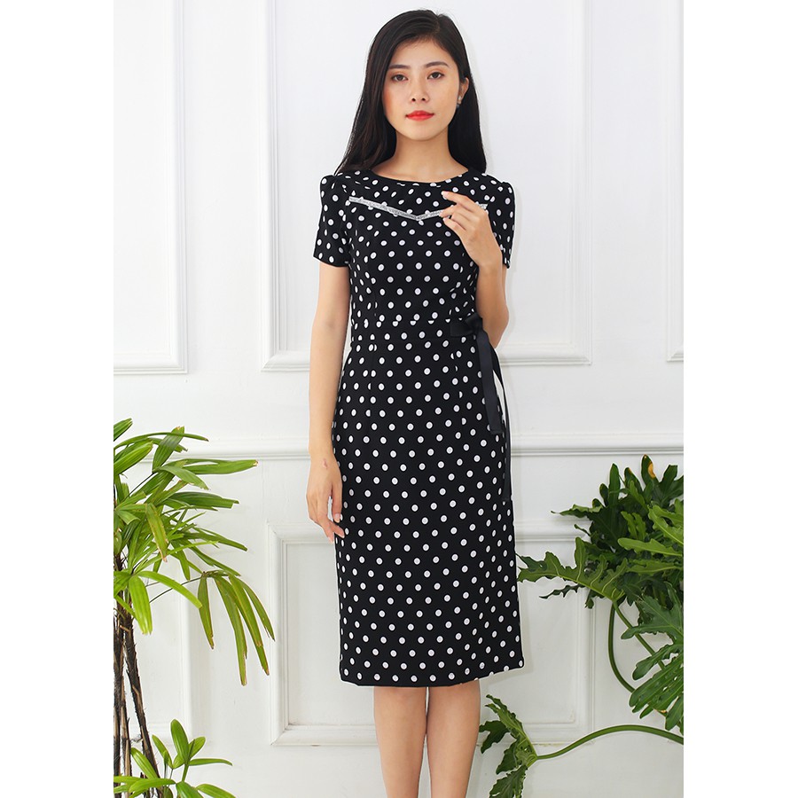 [ HÌNH THẬT] ĐẦM CÔNG SỞ, KIỂU ĐẦM ÔM IN CHẤM BI ĐÍNH NƠ EO PHỐI RUY BĂNG KIM TUYẾN SC3046 - TẶNG PK NGẪU NHIÊN