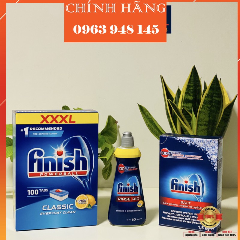 Combo 100 Viên rửa bát Finish + 1.5kg Muối làm mềm nước Finish + Nước làm bóng bát finish dung tích 400ml