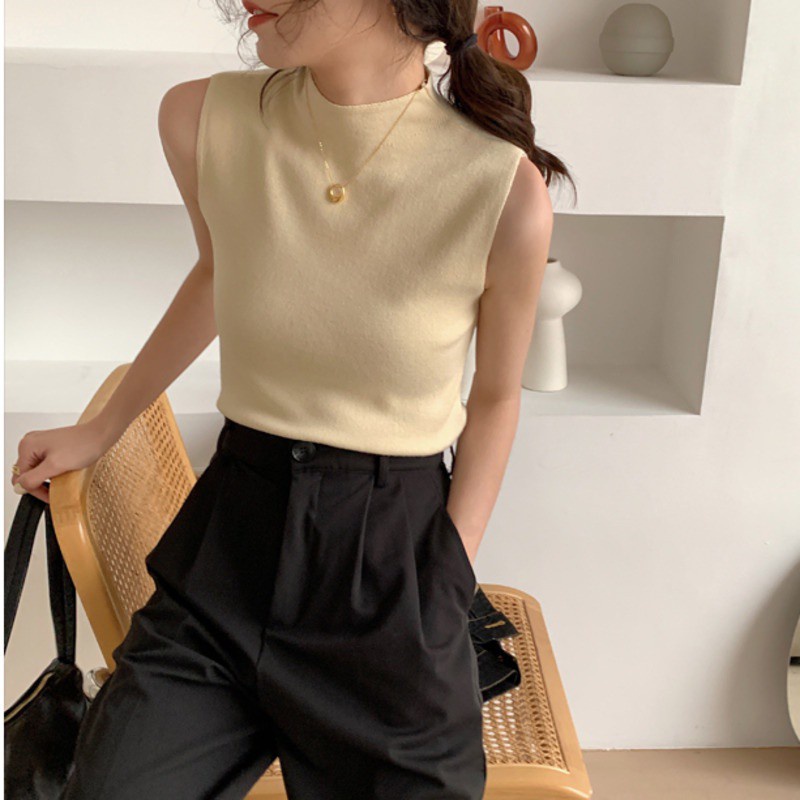 Áo dệt kim không tay cổ cao dáng ôm thời trang dành cho nữ