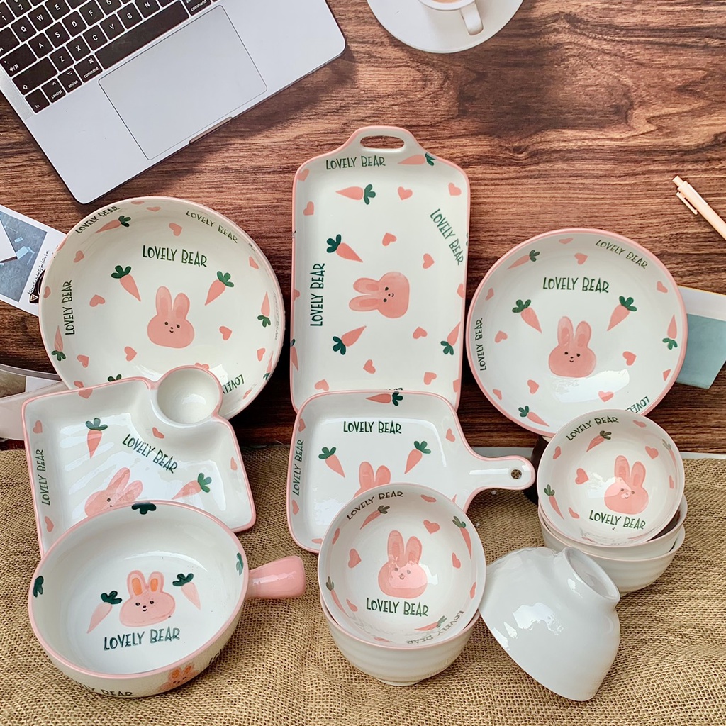 Bát Ăn Cơm Đĩa Sứ Bộ Chén Dĩa Sứ🥕 Thỏ Hồng🥕 Dễ Thương Cute Bát Đĩa Decor Cao Cấp S150