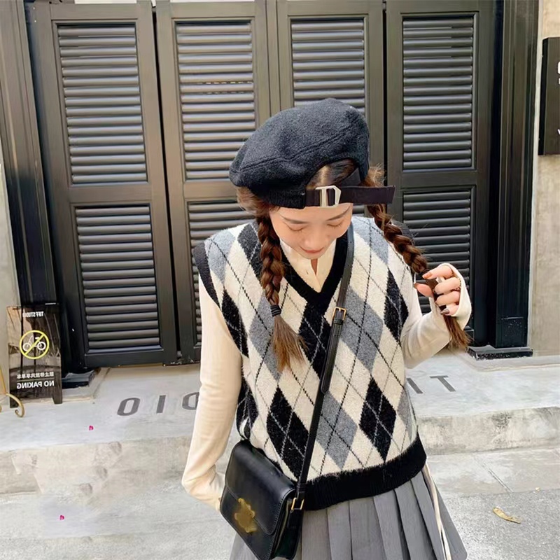 【ZHELIHANGFEI】Áo Len Không Tay Form Rộng Họa Tiết Kim Cương Theo Phong Cách Preppy Dễ Phối Đồ