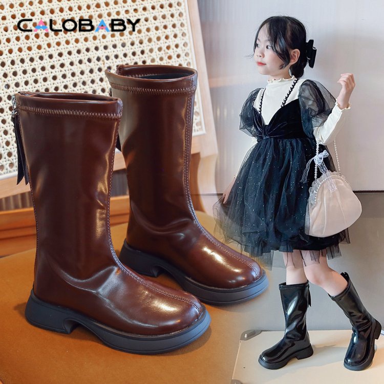 Giày Bốt Da Cao Su Sợi Nhỏ Đế Bằng Phối Khóa Kéo Sau 4BEA Thời Trang Mùa Đông Cho Bé Gái